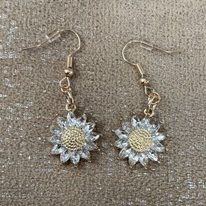 Gold Sunflower with rhinestones dangle Earrings